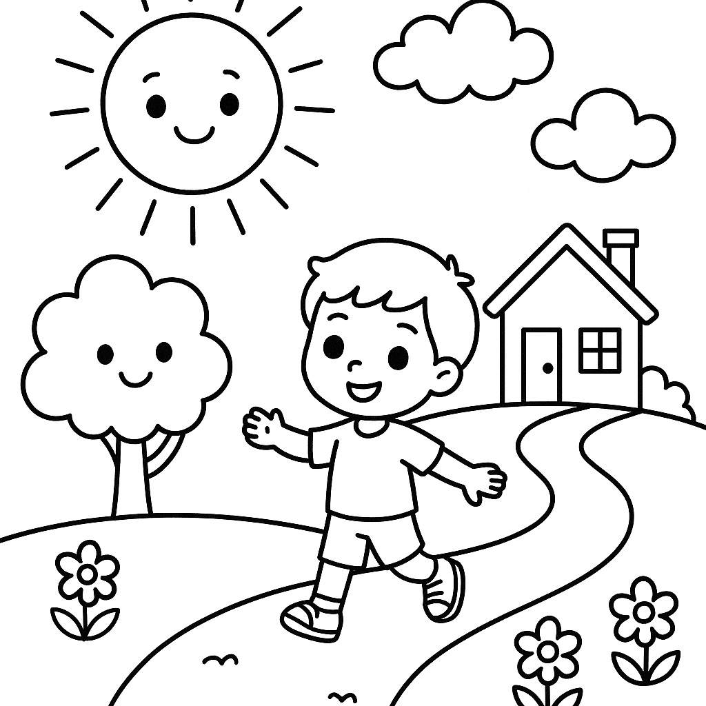 dibujo de casa y niño para colorear y pintar